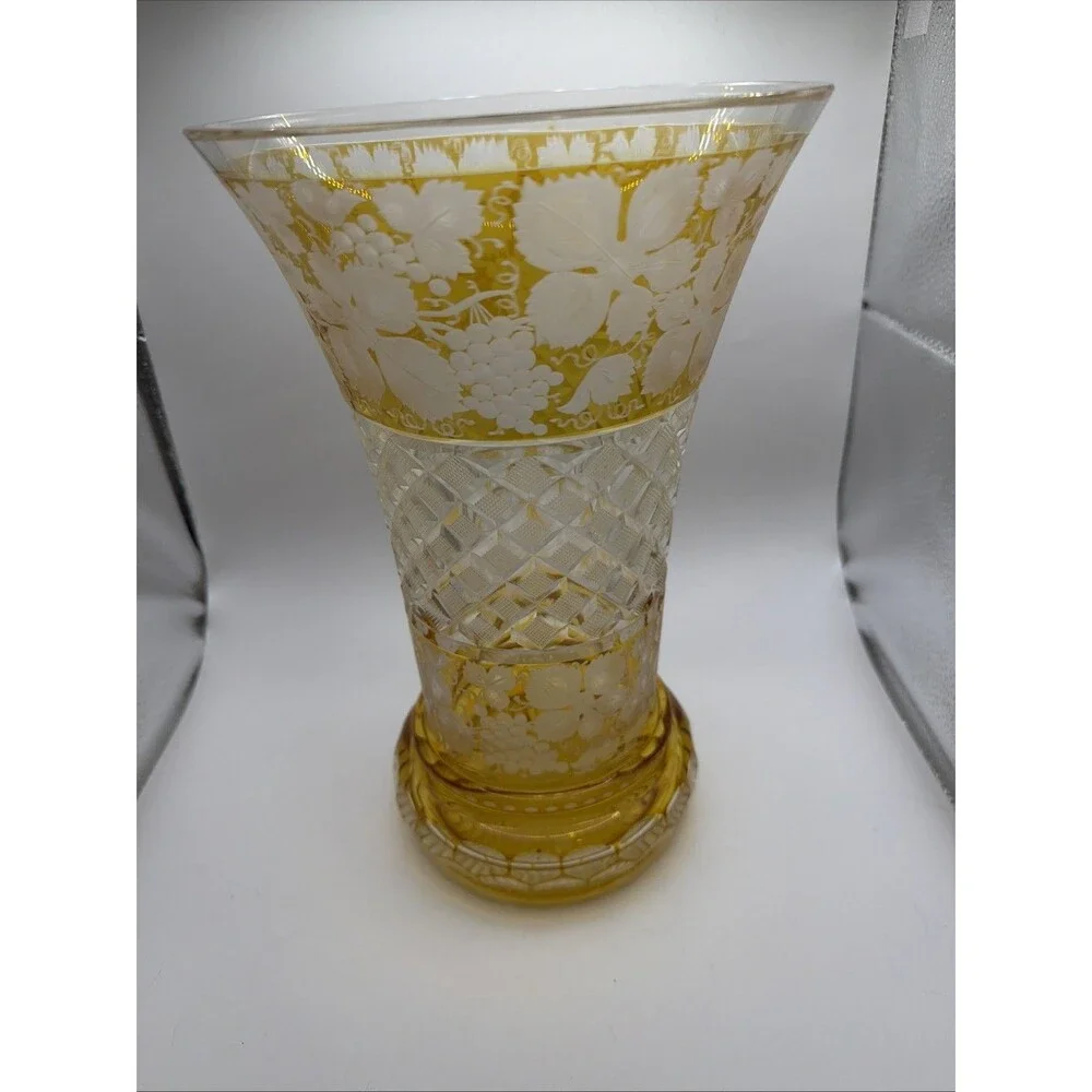 Vintage Bohemian Crystal Cut To Clear Vase Amber Circa 1900s Gorgeous Heavy Rare - Picture 3 of 6